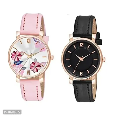 KIROH Pink Flower and 6 to 12 Antique Dial Analogue Stylish Leather Strap Analoge Girls and Woman Combo Watches(Green)-thumb0