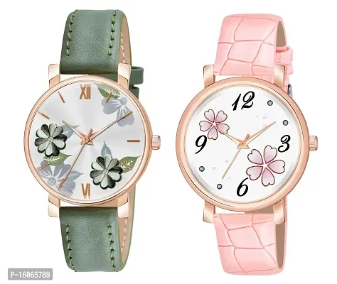 KIROH Analogue Round Dial Dual Flower Premium Leather Strap Watch for Girls and Women (Pack of -2, Green-Pink)-thumb0