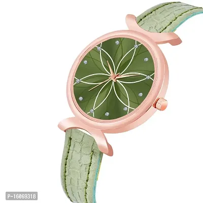 KIROH Analogue Green Full Flower Dial Unique Designer Leather Strap Women's and Girl's Watch (Green)-thumb2