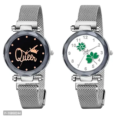 KIROH Analogue Queen and Flower Dial Magnetic Strap Combo Girl's and Women's Watch (Silver-Green)