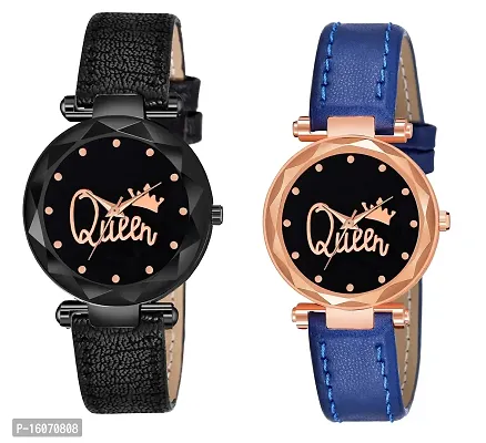 KIROH Analogue Queen Dial Pack of 2 Leather Strap Watch for Girl's and Women's (Black-Blue)