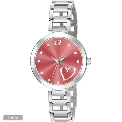 KIROH Analogue Heart Dial Designer Stylish Metal Strap Watch for Girls and Women (Silver-Pink)