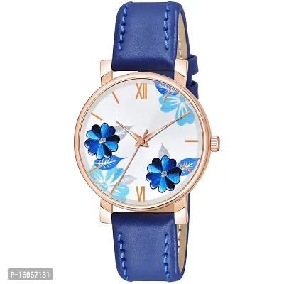 KIROH Analogue Flower Designer Leather Strap Watch for Girl's and Women (Blue)