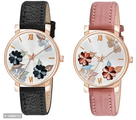 KIROH Analogue Flowered Dial Designer Leather Strap Watch for Girl's and Women Pack of 1,2 and 3 Combo Women's and Girl's Watches (Black-Peach)