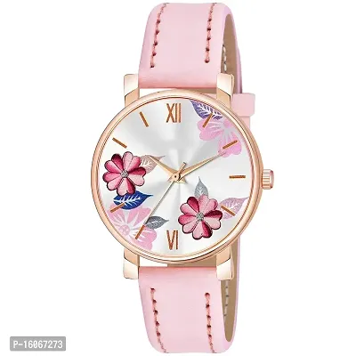 KIROH Analogue Flowered Dial Designer Leather Strap Watch for Girl's and Women Pack of 1,2 and 3 Combo Women's and Girl's Watches (Pink)-thumb0