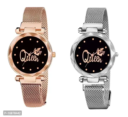 KIROH Casual Analogue Queen Dial Magnetic Strap Analog Watch for Girl's and Women (Pack of 2) (Rose Gold-Silver)