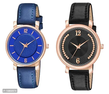 KIROH Analog Round Dial Designer Premium Leather Strap Analog Watch for Girls  Women(BLU-BLK-G)