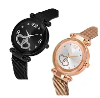 KIROH Casual Analogue Heart Dial Magnetic Strap Analog Watch for Girl's and Women (,Pack of 2) (Black-Off White)-thumb1