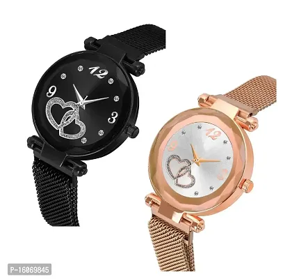 KIROH Casual Analogue Heart Dial Magnetic Strap Analog Watch for Girl's and Women (,Pack of 2) (Black-Off White)-thumb2