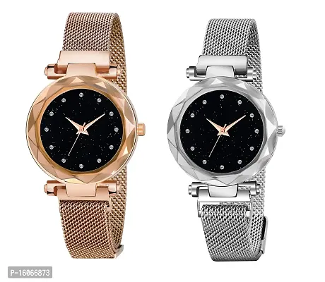 KIROH ? Gold and Silver Cut Glass Magnetic Metal Strap Analog Girl's and Women's Watch - Pack of 2