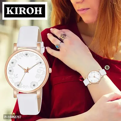 KIROH Analogue Dimond Designer Leather Strap Watch for Girl's and Women (Pink) (White)-thumb5