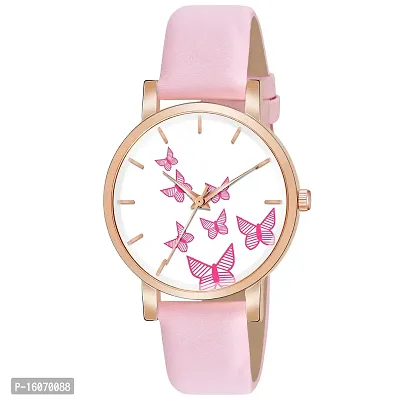 KIROH Analogue Butterfly Designer Leather Strap Watch for Girl's and Women (Pink)