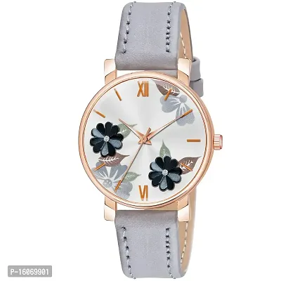 KIROH Analogue Flower Designer Leather Strap Watch for Girl's and Women (Grey)-thumb0