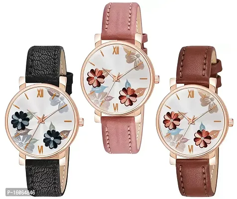 KIROH Analogue Flowered Dial Designer Leather Strap Watch for Girl's and Women Pack of 1,2 and 3 Combo Women's and Girl's Watches (Black-Peach-Brown)-thumb0