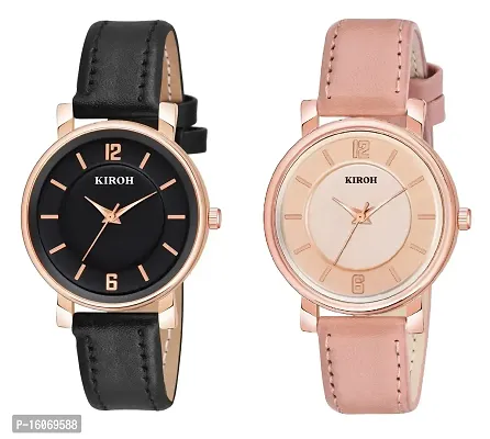 KIROH Flower and 6 to 12 Antique Dial Analogue Stylish Leather Strap Analoge Girls and Woman Combo Watches(Black-Peach)
