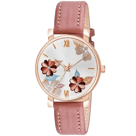 KIROH Flowered Dial Unique Designer Leather Strap Analogue Watch for Girl's and Women