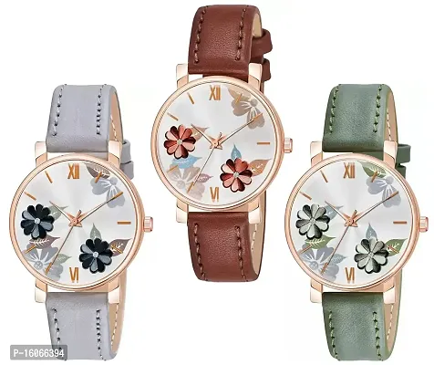 KIROH Analogue Flowered Dial Designer Leather Strap Watch for Girl's and Women Pack of 1,2 and 3 Combo Women's and Girl's Watches (Grey-Brown-Green)