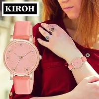 KIROH Analogue Dimond Designer Leather Strap Watch for Girl's and Women (Pink) (Peach)-thumb4