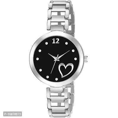 KIROH Analogue Heart Dial Designer Stylish Metal Strap Watch for Girls and Women (Silver-Black)