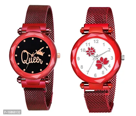 KIROH Pack of 2 Analogue Queen and Flower Dial Magnetic Strap Combo Girl's and Women's Watch (Red-Red)-thumb4