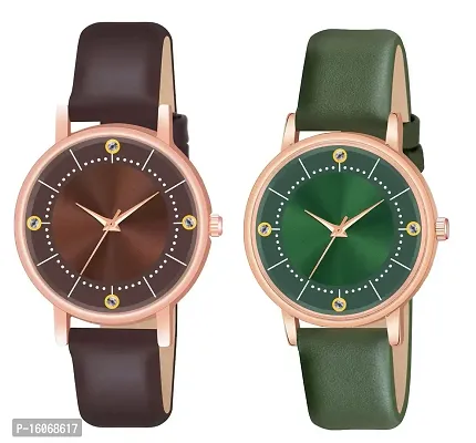 KIROH Analogue Round Dial Stylish 4 Point Premium Leather Strap Watch for Girls and Women (Pack of -2, Coffee - Green)