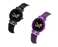 KIROH Casual Analogue Queen Dial Magnetic Strap Analog Watch for Girl's and Women (Pack of 2) (Black-Purple)-thumb1