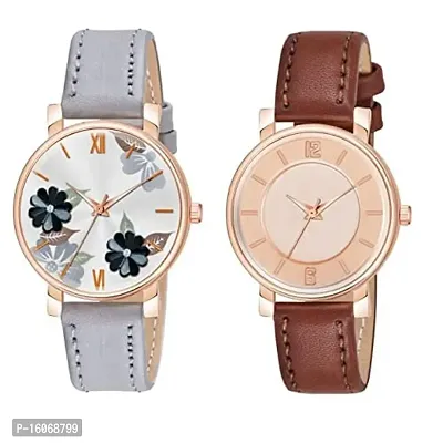 KIROH Grey Flower and 6 to 12 Antique Dial Analogue Stylish Leather Strap Analoge Girls and Woman Combo Watches(Green)