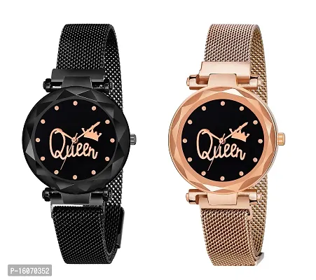 KIROH ? Black and Gold Queen Dial Designer Magnetic Metal Strap Analog Girls and Women's Watch Pack of 2 (Black and Gold)