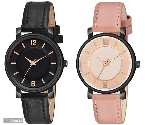 KIROH Analogue Round Dial Stylish Premium Leather Strap Watch for Girls and Women (Pack of -2, Black-Peach)