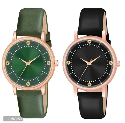 KIROH Analogue Round Dial Stylish 4 Point Premium Leather Strap Watch for Girls and Women (Pack of -2, Green - Black)