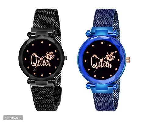 KIROH Casual Analogue Queen Dial Magnetic Strap Analog Watch for Girl's and Women (Pack of 2) (Black and Blue)