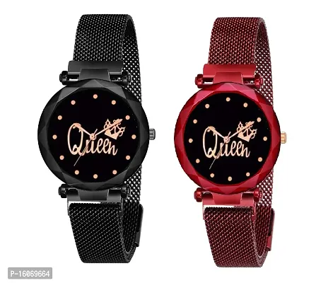KIROH Casual Analogue Queen Dial Magnetic Strap Analog Watch for Girl's and Women (Pack of 2) (Black-Red)
