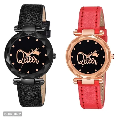 KIROH Analogue Queen Dial Pack of 2 Leather Strap Watch for Girl's and Women's (Black-red)-thumb0
