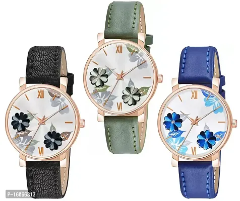 KIROH Analogue Flowered Dial Designer Leather Strap Watch for Girl's and Women Pack of 1,2 and 3 Combo Women's and Girl's Watches (Black-Green-Blue)