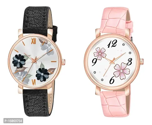 KIROH Analogue Round Dial Dual Flower Premium Leather Strap Watch for Girls and Women (Pack of -2, Black-Pink)