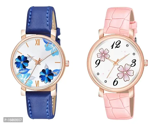 KIROH Analogue Round Dial Dual Flower Premium Leather Strap Watch for Girls and Women (Pack of -2, Blue-Pink)