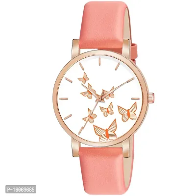 KIROH Analogue Butterfly Designer Leather Strap Watch for Girl's and Women (Peach)-thumb0