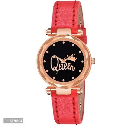 KIROH Analogue Queen Dial Premium Leathers Strap Girl's and Women's Watch (Red)