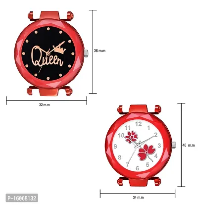 KIROH Pack of 2 Analogue Queen and Flower Dial Magnetic Strap Combo Girl's and Women's Watch (Red-Red)-thumb3