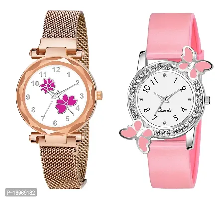 KIROH Analogue Flower Dial Magnetic and White Dial Butterfly Pu Strap Combo Girl's and Women's Watch (Rose Gold-Pink)