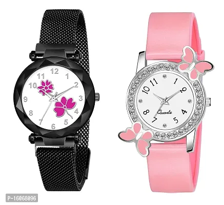 KIROH Analogue Flower Dial Magnetic and White Dial Butterfly Pu Strap Combo Girl's and Women's Watch (Black-Pink-Pink)