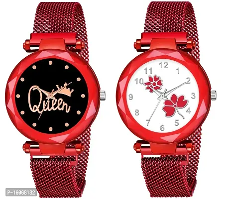 KIROH Pack of 2 Analogue Queen and Flower Dial Magnetic Strap Combo Girl's and Women's Watch (Red-Red)-thumb0