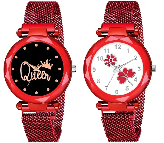 KIROH Pack of 2 Analogue Queen and Flower Dial Magnetic Strap Combo Girl's and Women's Watch