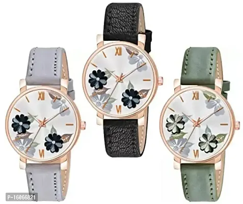 KIROH Analogue Flowered Dial Designer Leather Strap Watch for Girl's and Women Pack of 1,2 and 3 Combo Women's and Girl's Watches (Grey-Black-Green)