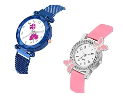 KIROH Analogue Flower Dial Magnetic and White Dial Butterfly Pu Strap Combo Girl's and Women's Watch (Blue-Pink-Pink)-thumb1