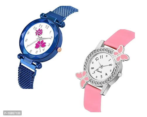 KIROH Analogue Flower Dial Magnetic and White Dial Butterfly Pu Strap Combo Girl's and Women's Watch (Blue-Pink-Pink)-thumb2