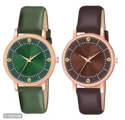 KIROH Analogue Round Dial Stylish 4 Point Premium Leather Strap Watch for Girls and Women (Pack of -2, Green - Coffee)