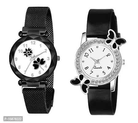 KIROH Analogue Flower Dial Magnetic and White Dial Butterfly Pu Strap Combo Girl's and Women's Watch (Black-Black)