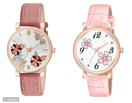 KIROH Analogue Round Dial Dual Flower Premium Leather Strap Watch for Girls and Women (Pack of -2, Peach-Pink)-thumb0