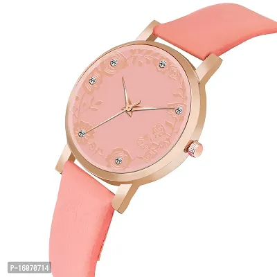 KIROH Analogue Dimond Designer Leather Strap Watch for Girl's and Women (Pink) (Peach)-thumb2